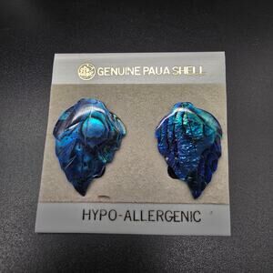 Blue Carved Leaf Paua Shell Earrings Pierced Post On Card